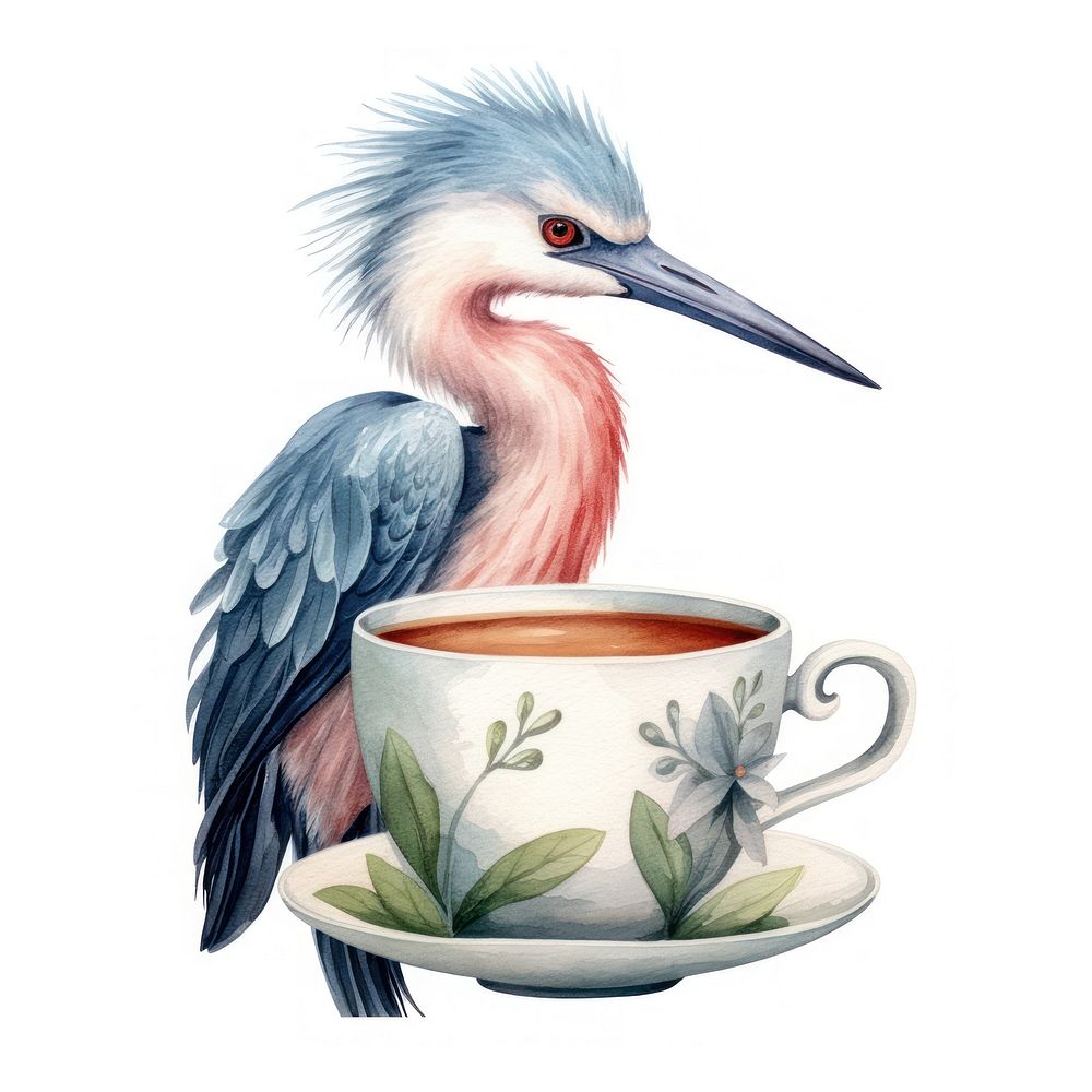 Watercolor heron pop teacup cartoon coffee animal.