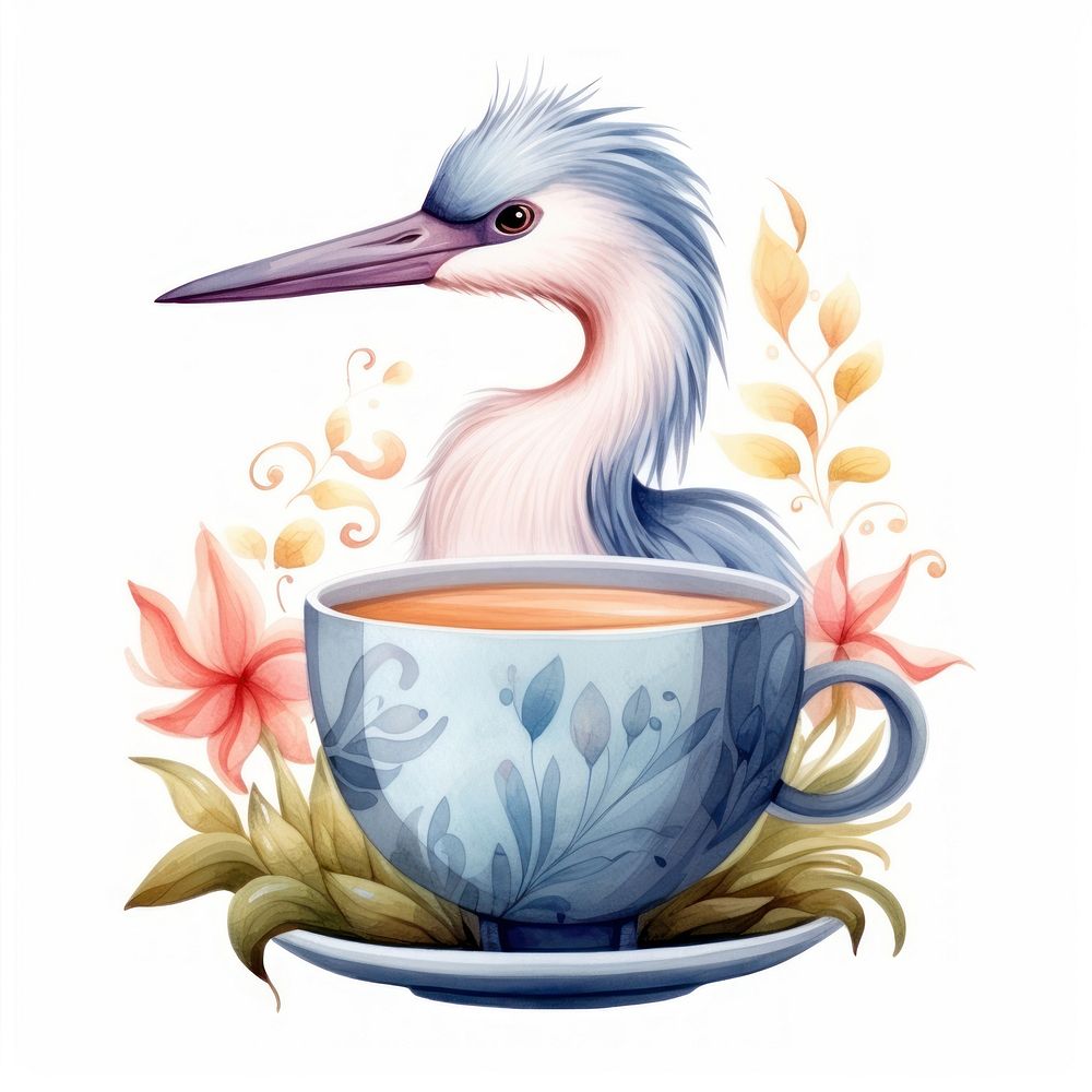 Watercolor heron pop teacup cartoon coffee animal.