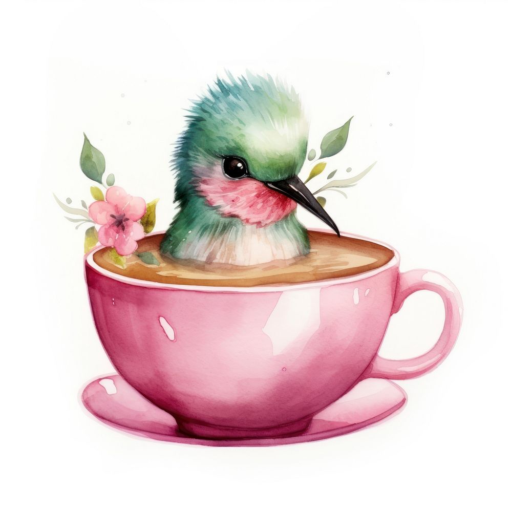 Watercolor hummingbird pop teacup cartoon saucer coffee.