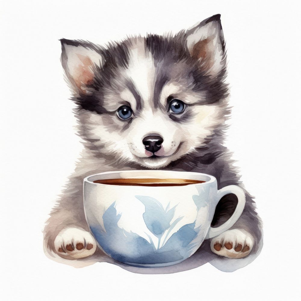 Watercolor husky pop teacup cartoon mammal coffee.