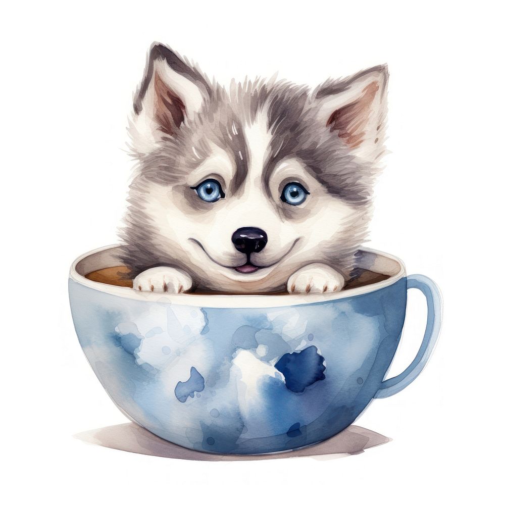 Watercolor husky pop teacup cartoon mammal animal.
