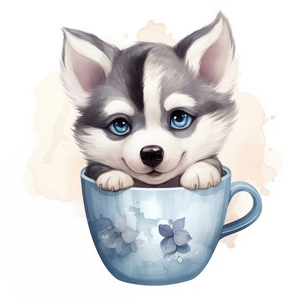 Watercolor husky pop teacup animal cartoon mammal.