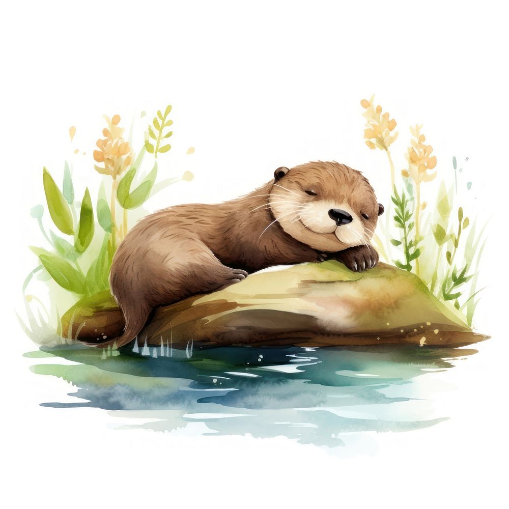Watercolor otter sleeping animal wildlife cartoon.