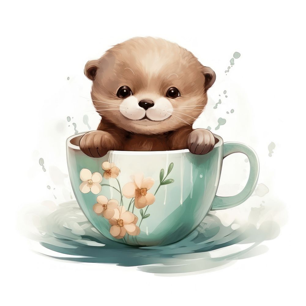 Watercolor otter pop teacup cartoon coffee mammal.