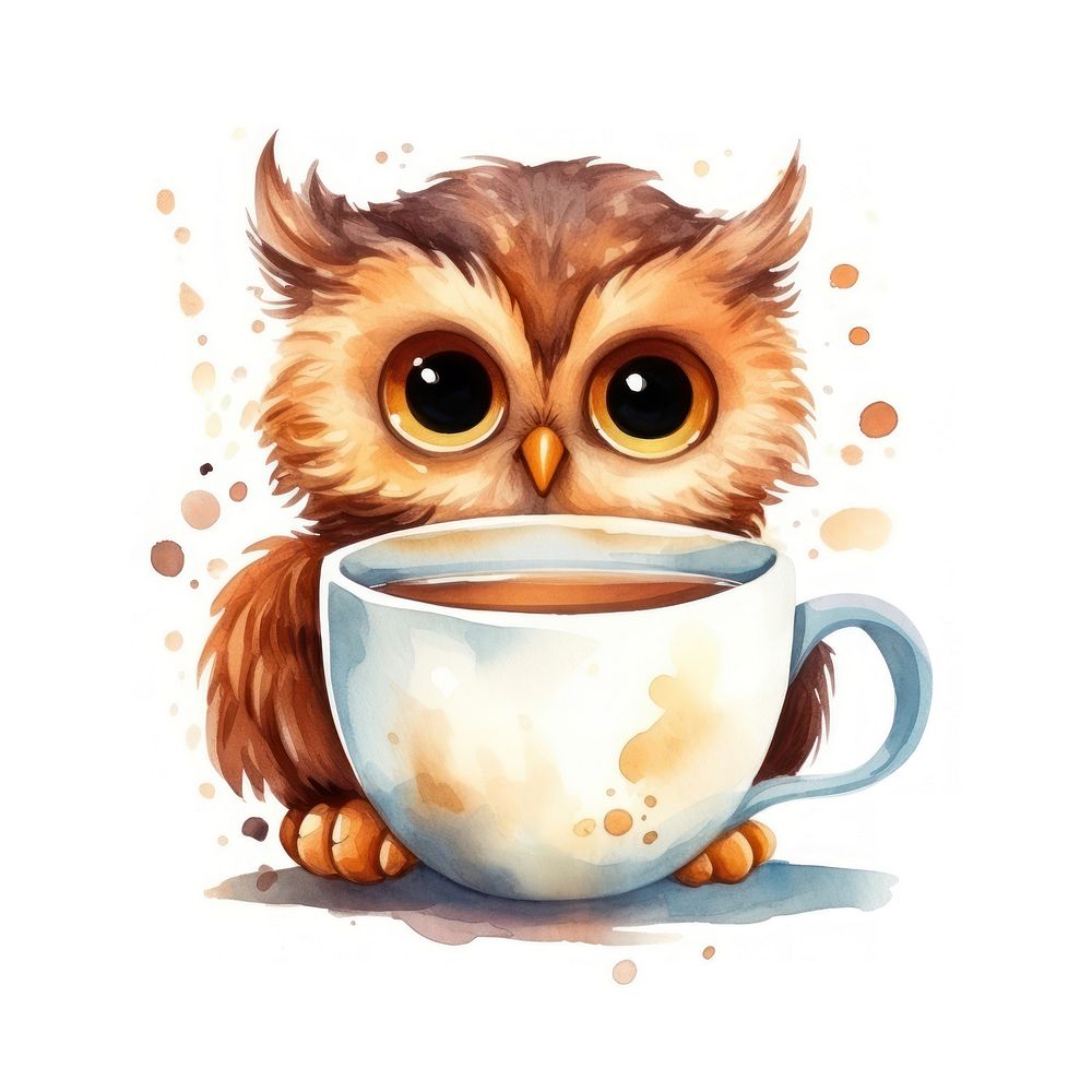 Watercolor owl pop teacup cartoon coffee animal.