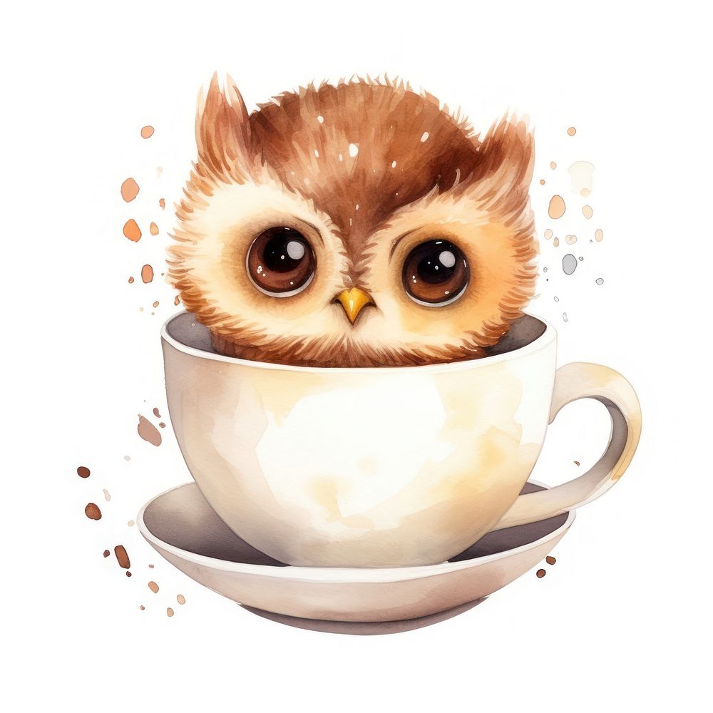 Watercolor owl pop teacup cartoon coffee mammal.