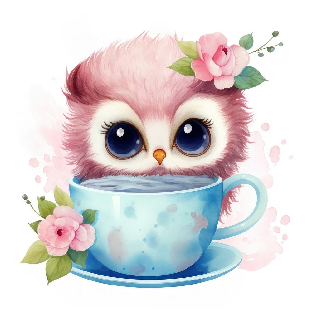 Watercolor owl pop teacup cartoon animal cute.