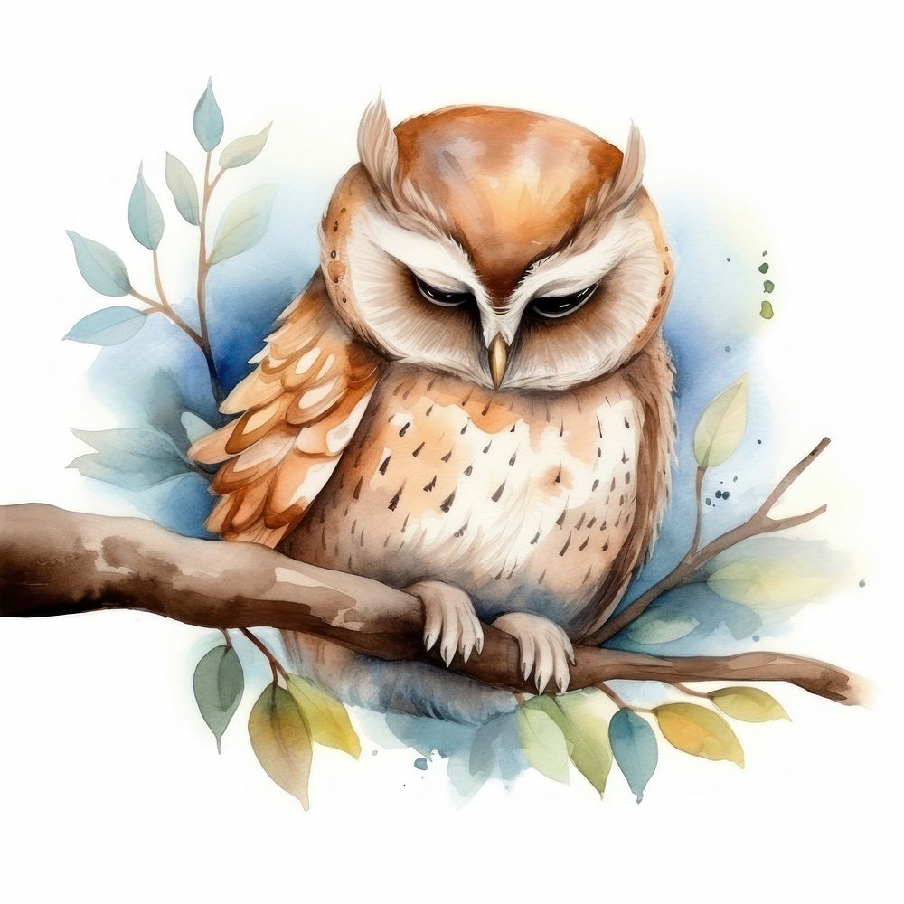 Watercolor owl sleeping animal cartoon branch.