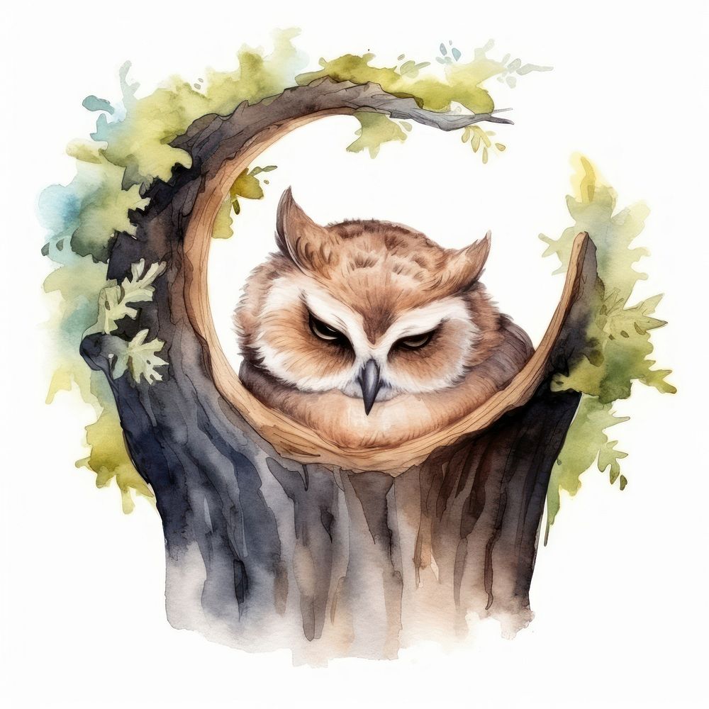 Watercolor owl sleeping animal painting cartoon.