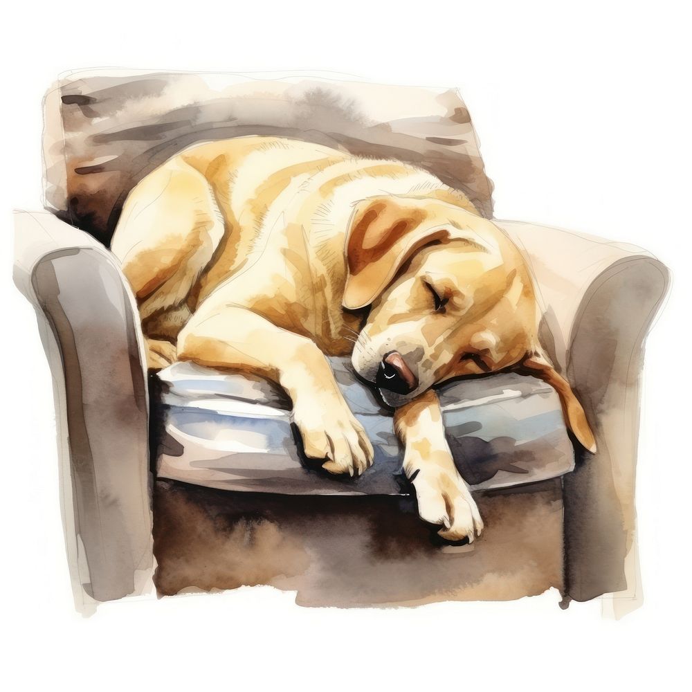 Watercolor labrador retriever sleeping animal furniture armchair.