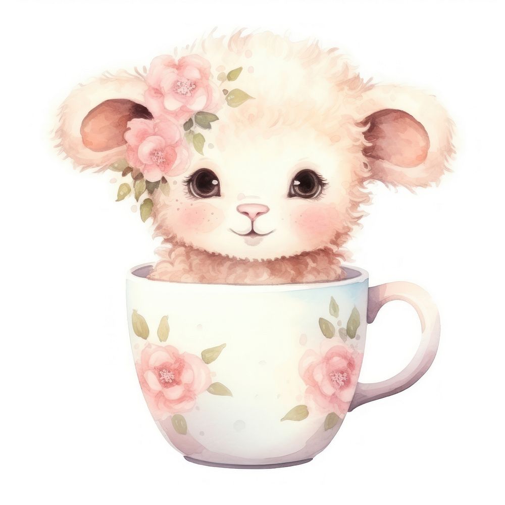 Watercolor lamb pop teacup cartoon coffee cute.