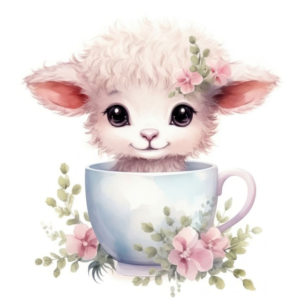 Watercolor lamb pop teacup cartoon mammal animal.