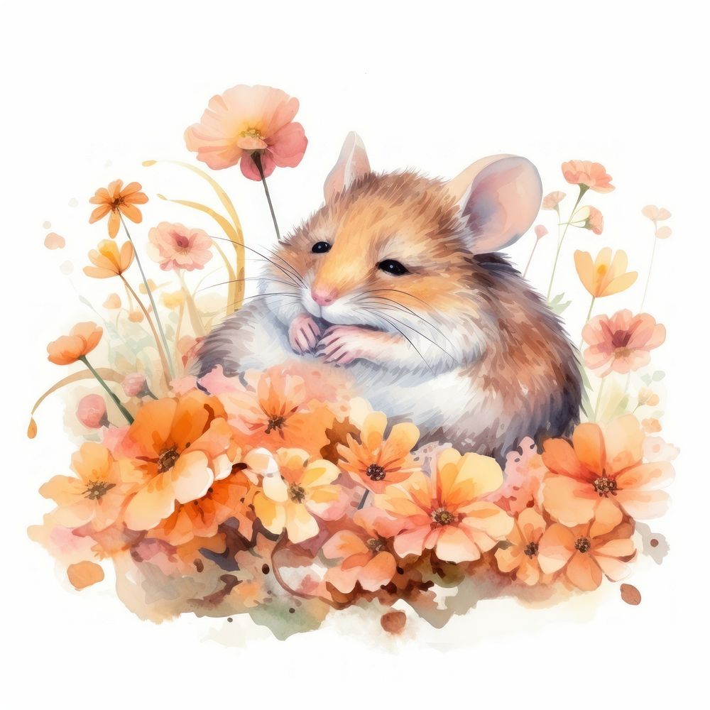 Watercolor mouse sleeping animal flower rat.
