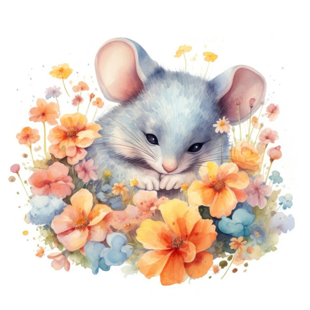 Watercolor mouse sleeping animal flower cartoon.