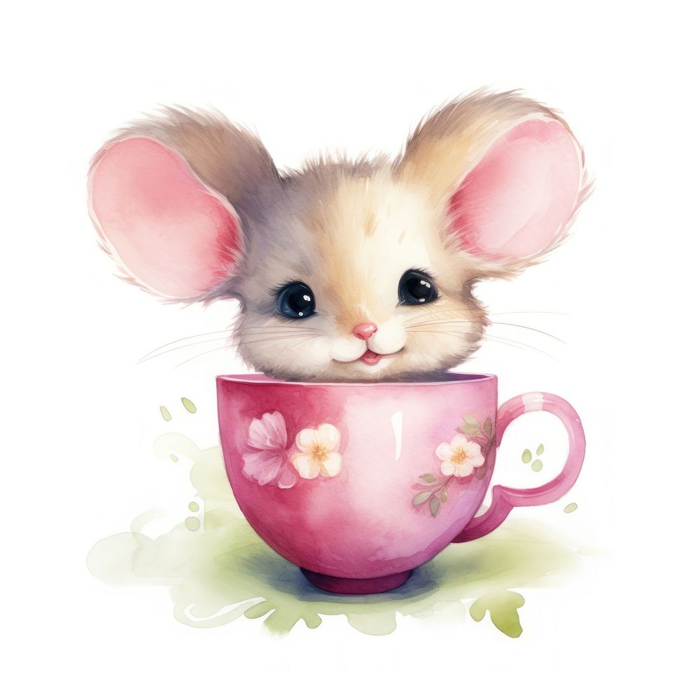 Watercolor mouse pop teacup animal cartoon mammal.
