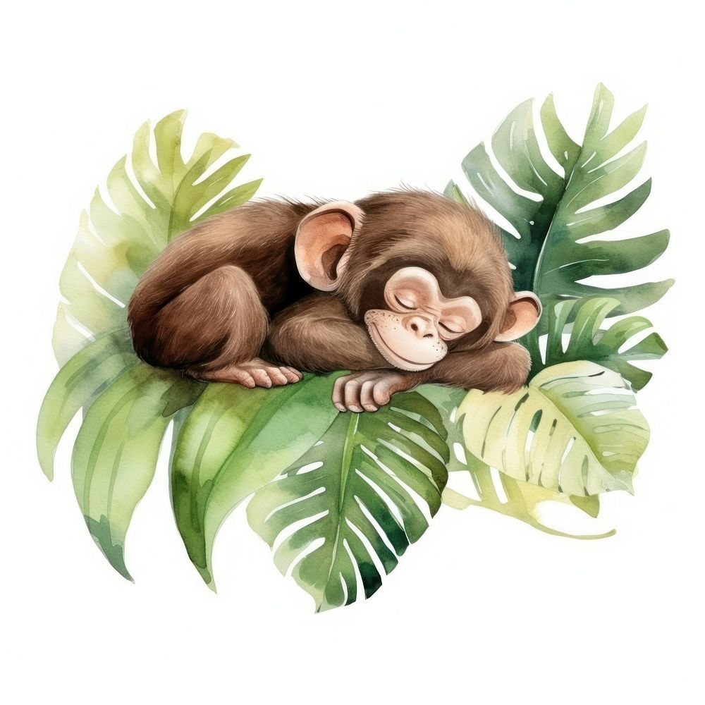 Watercolor monkey sleeping animal wildlife cartoon.