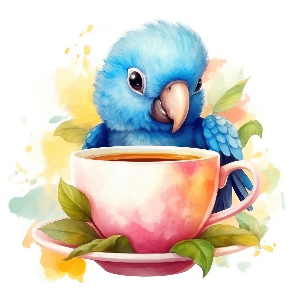 Watercolor macaw pop teacup cartoon saucer coffee.