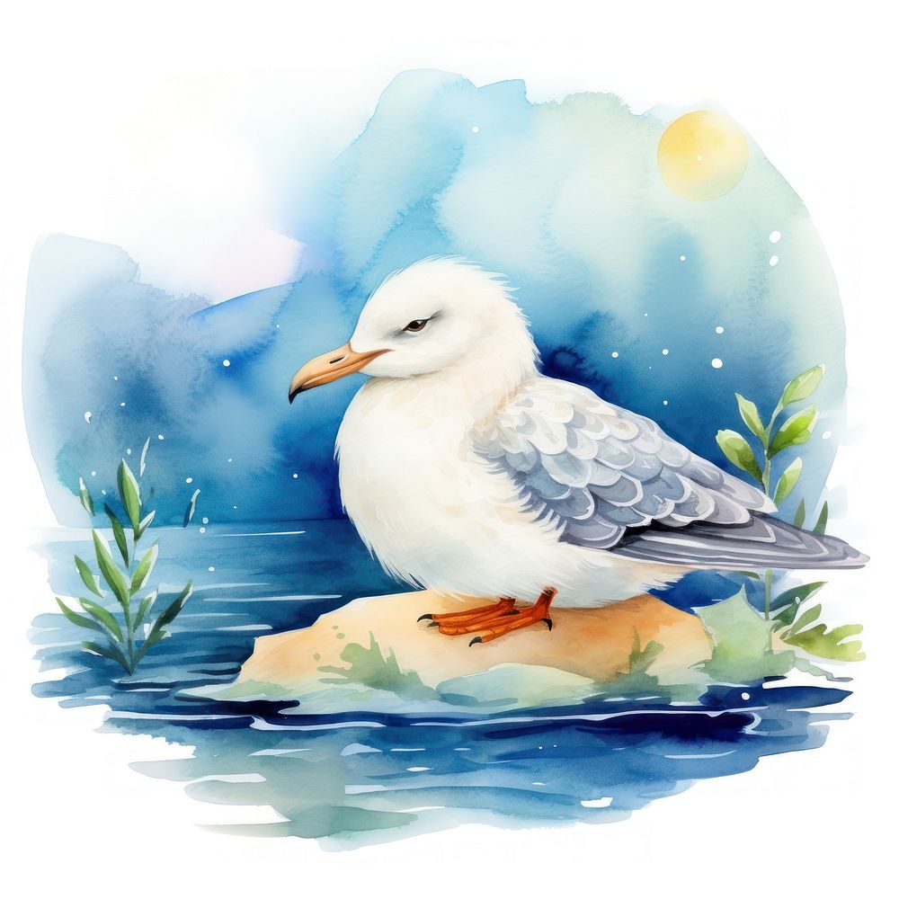 Watercolor seagull sleeping animal painting outdoors.