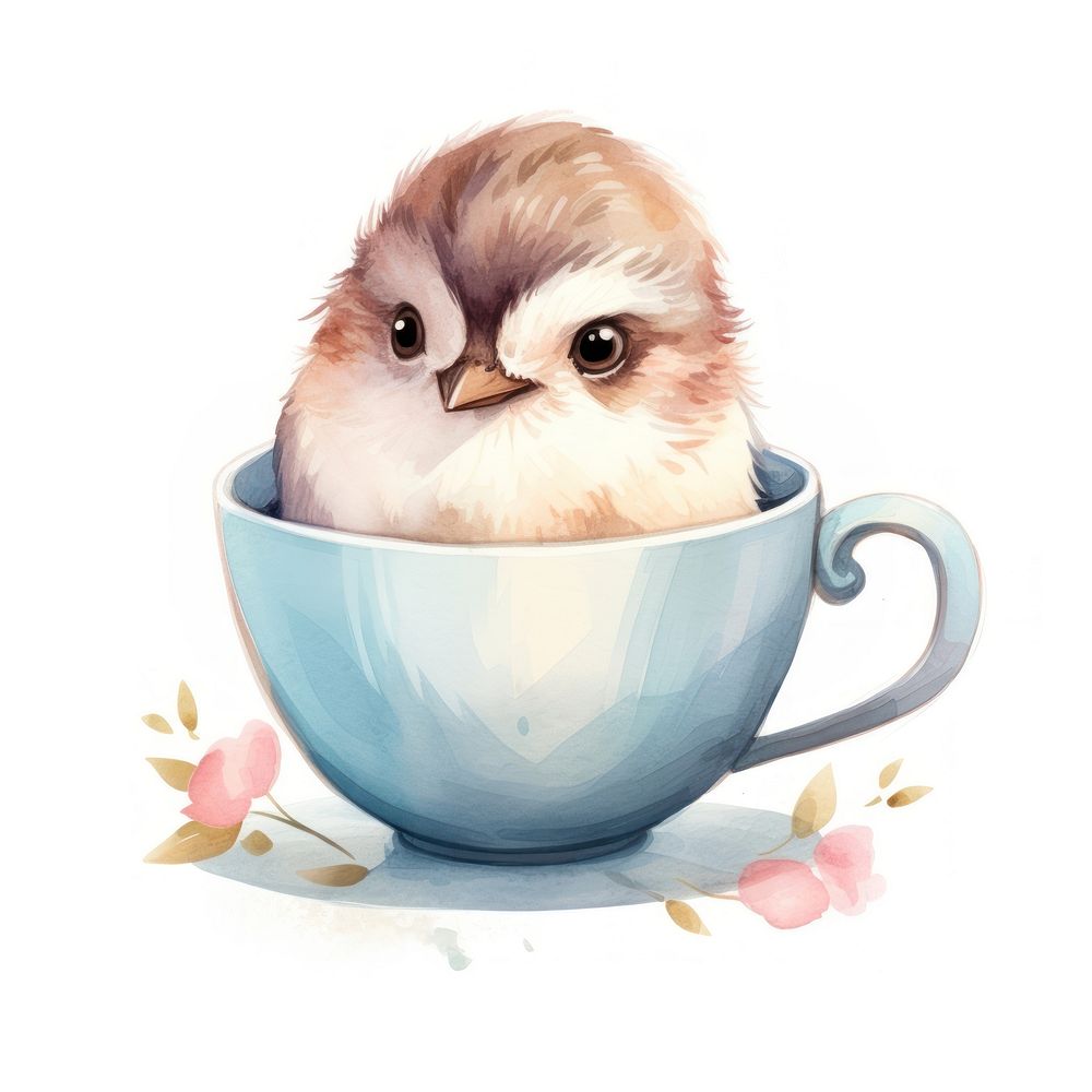 Watercolor sparrow pop teacup animal cartoon coffee.