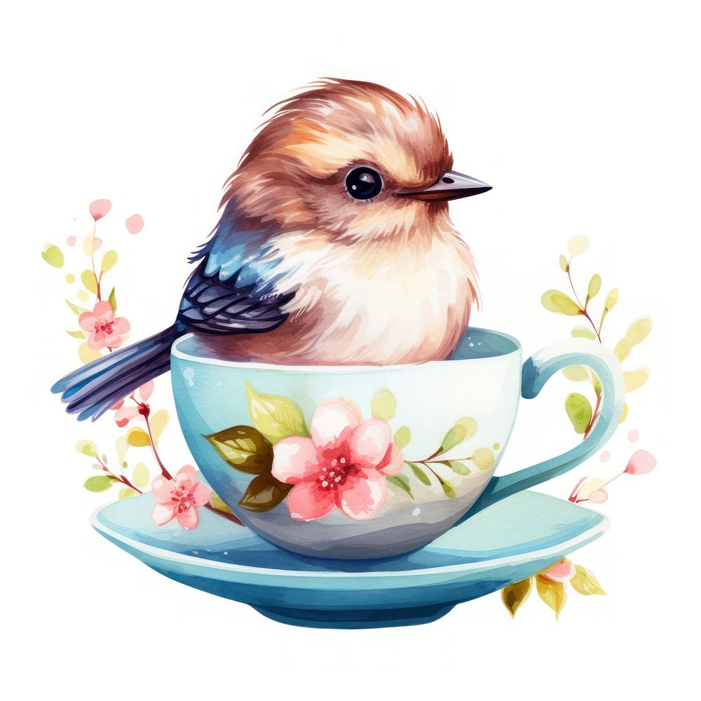 Watercolor sparrow pop teacup cartoon saucer animal.