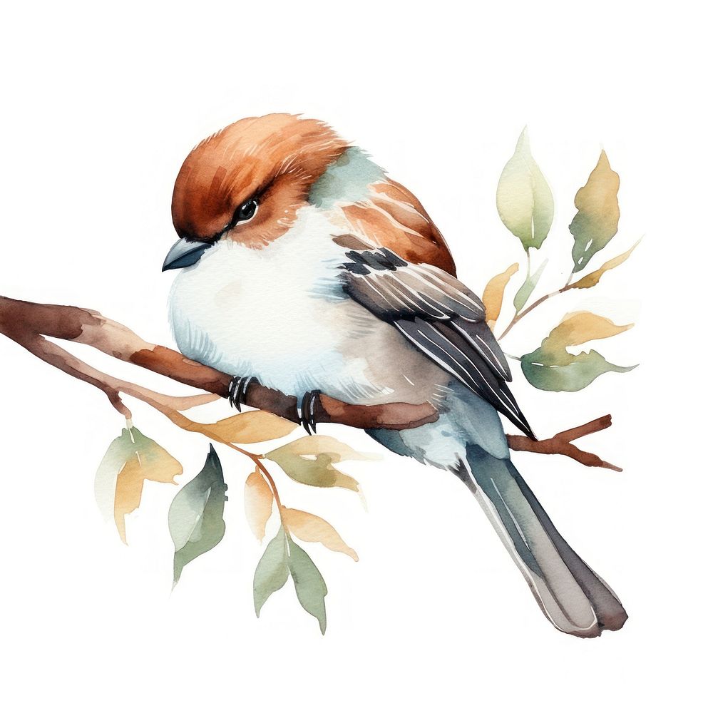 Watercolor sparrow sleeping animal branch bird.