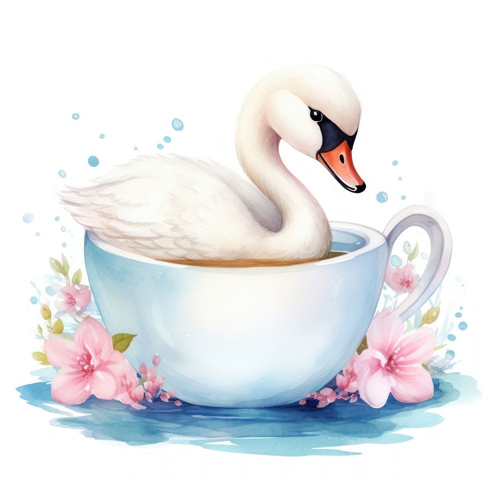 Watercolor swan pop teacup cartoon animal bird.