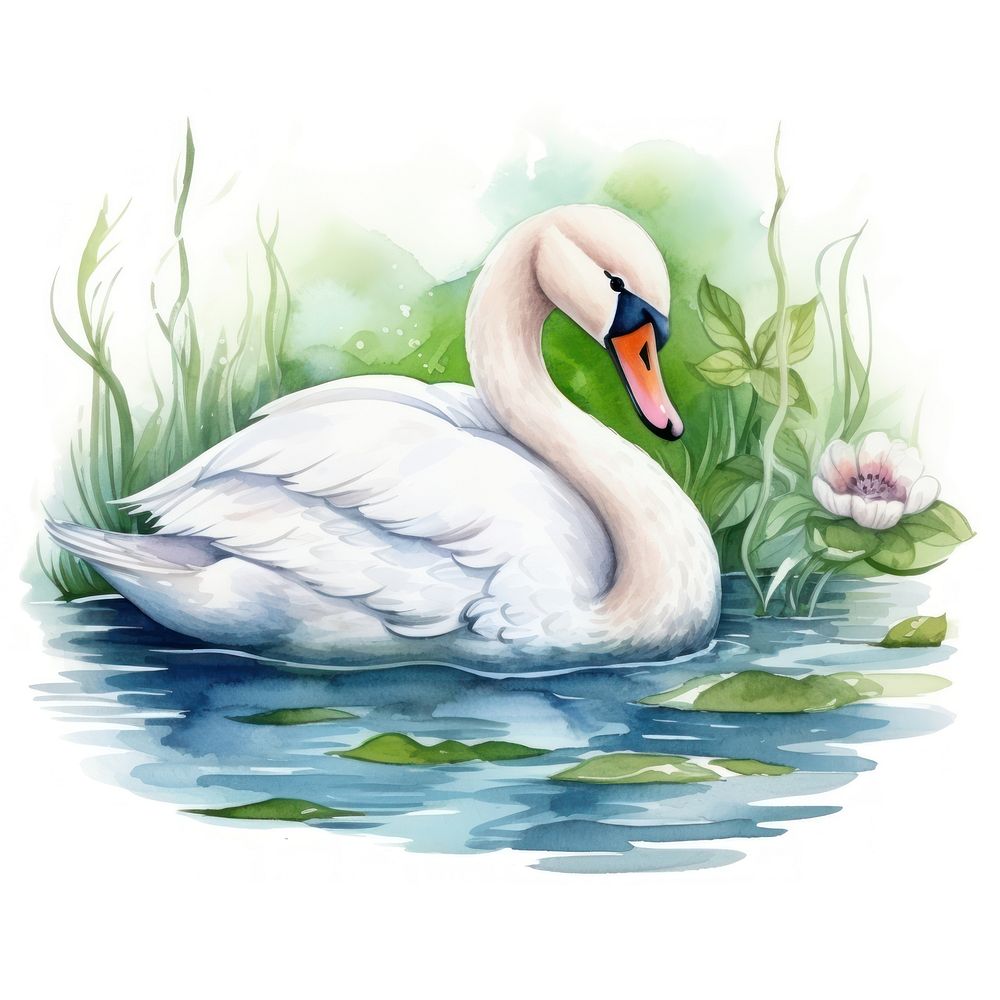 Watercolor swan sleeping animal cartoon bird.