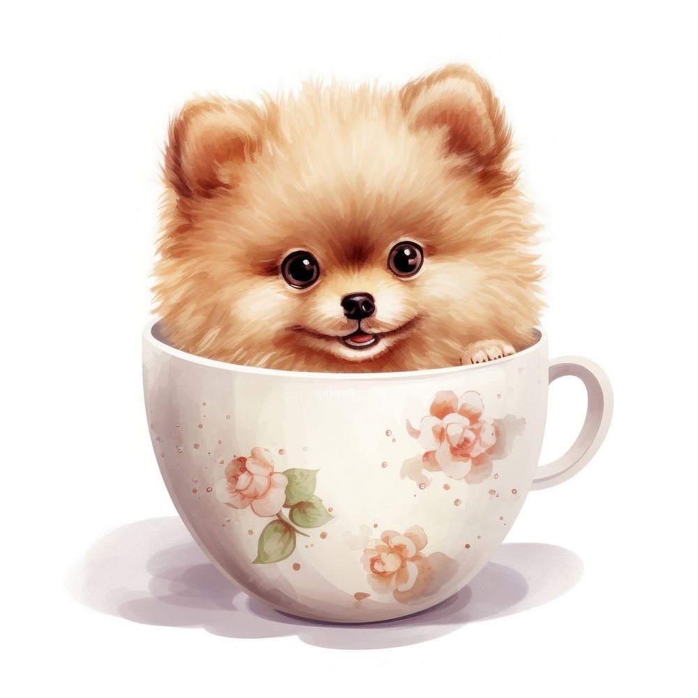 Watercolor pomeranian pop teacup cartoon mammal animal.