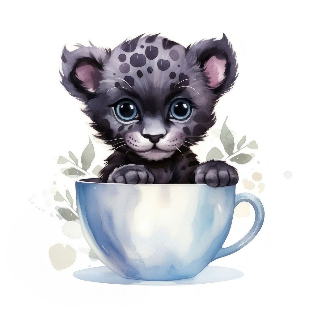 Watercolor panther pop teacup cartoon mammal kitten.