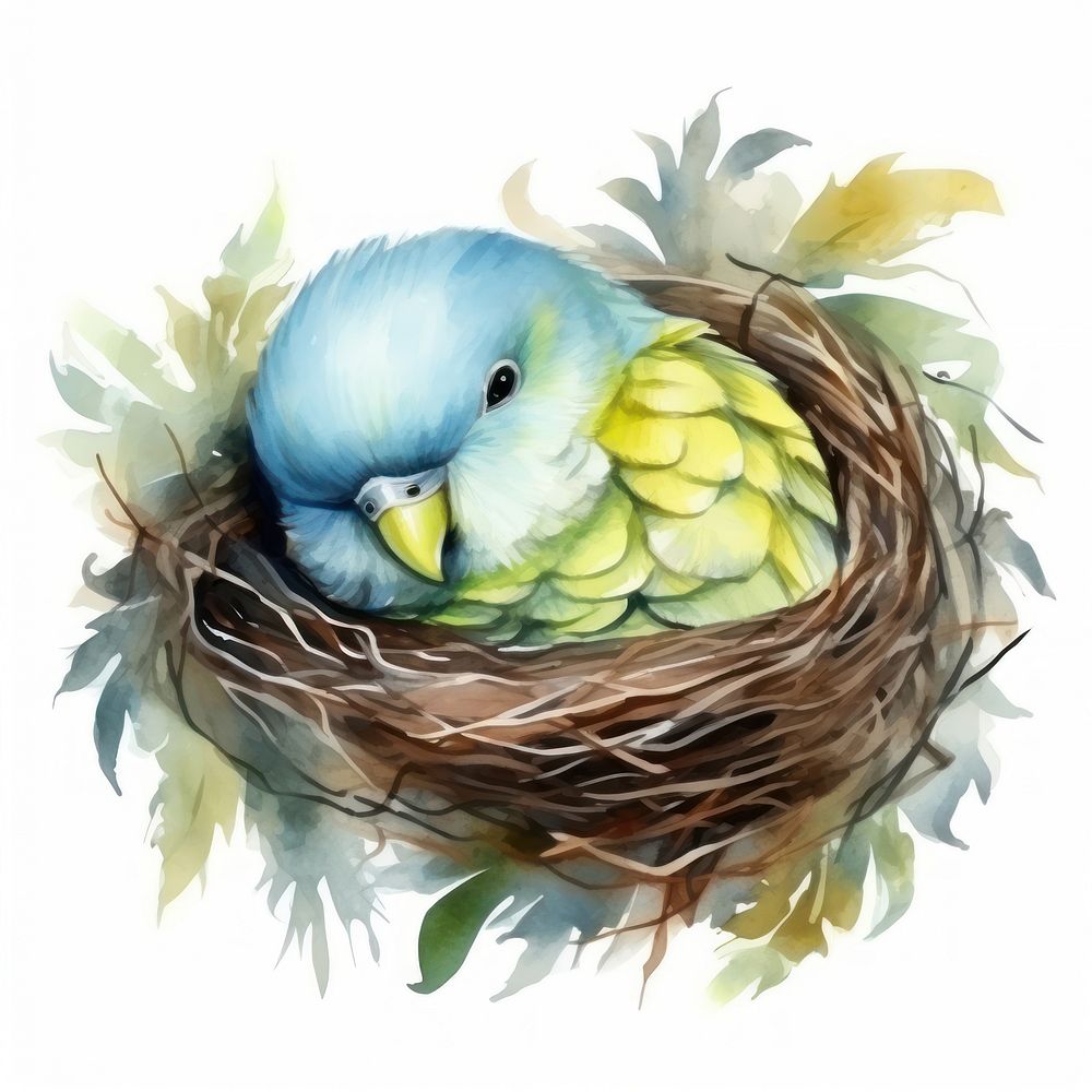 Watercolor parakeet sleeping animal nest cartoon.