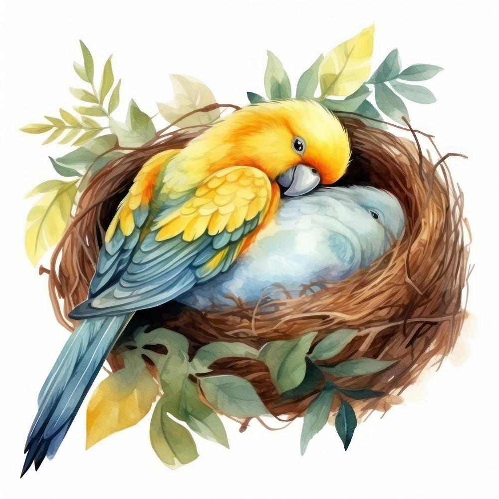 Watercolor parrot sleeping animal bird nest.