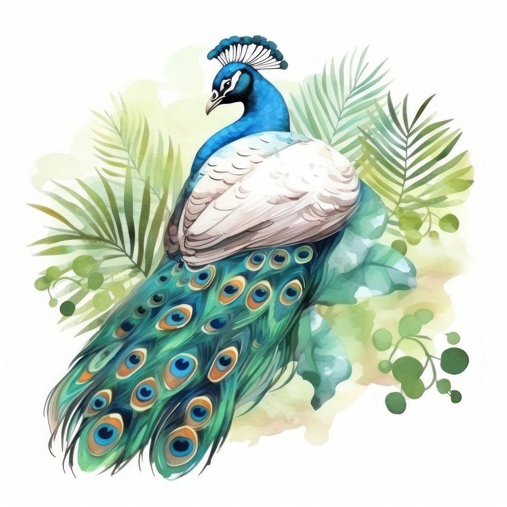 Watercolor peacock sleeping animal cartoon bird.