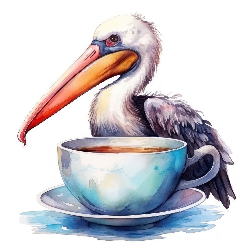 Watercolor pelican pop teacup animal cartoon coffee.