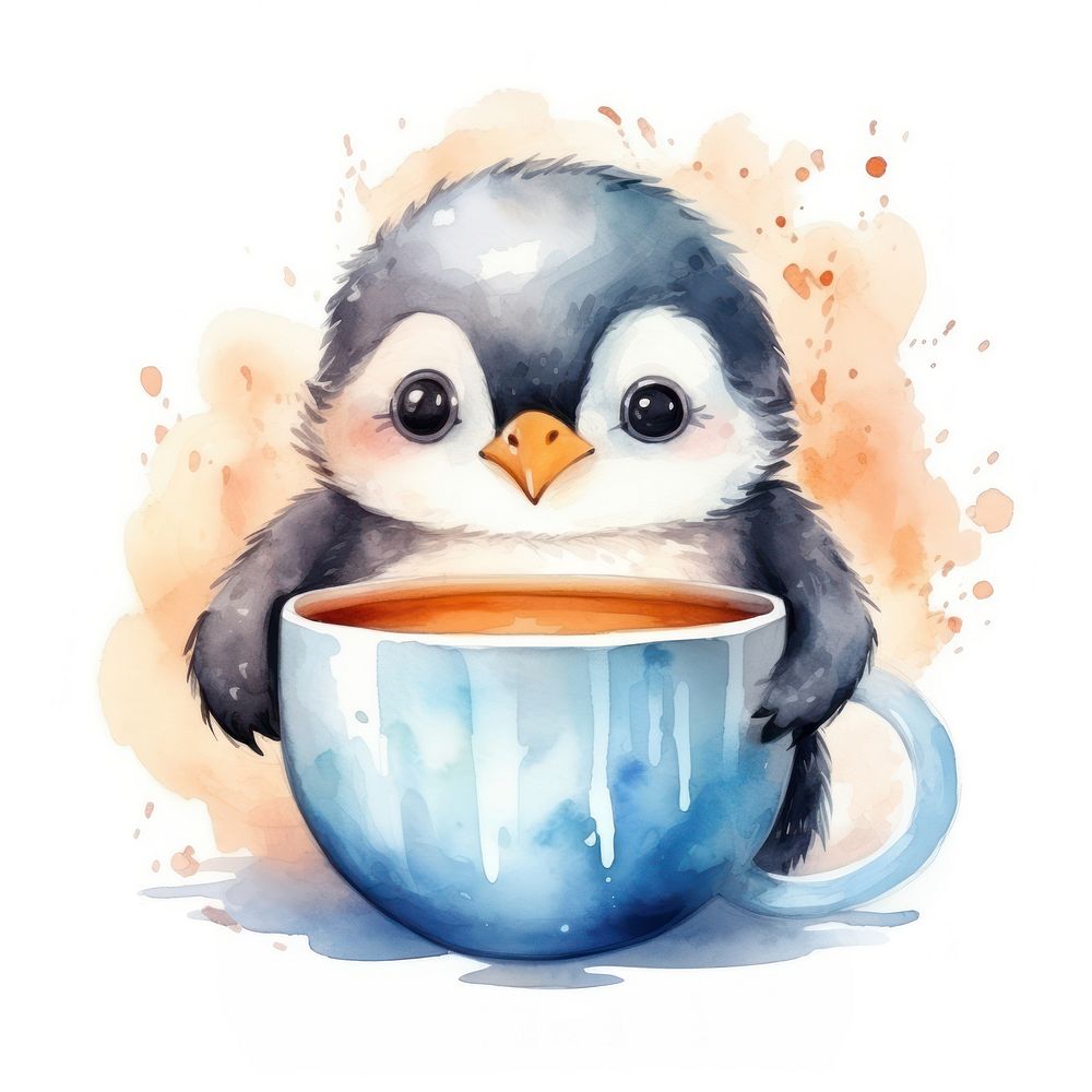 Watercolor penguin pop teacup cartoon coffee animal.