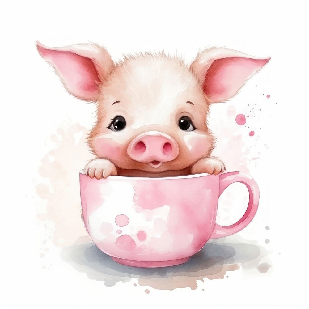 Watercolor pig pop teacup cartoon mammal animal.