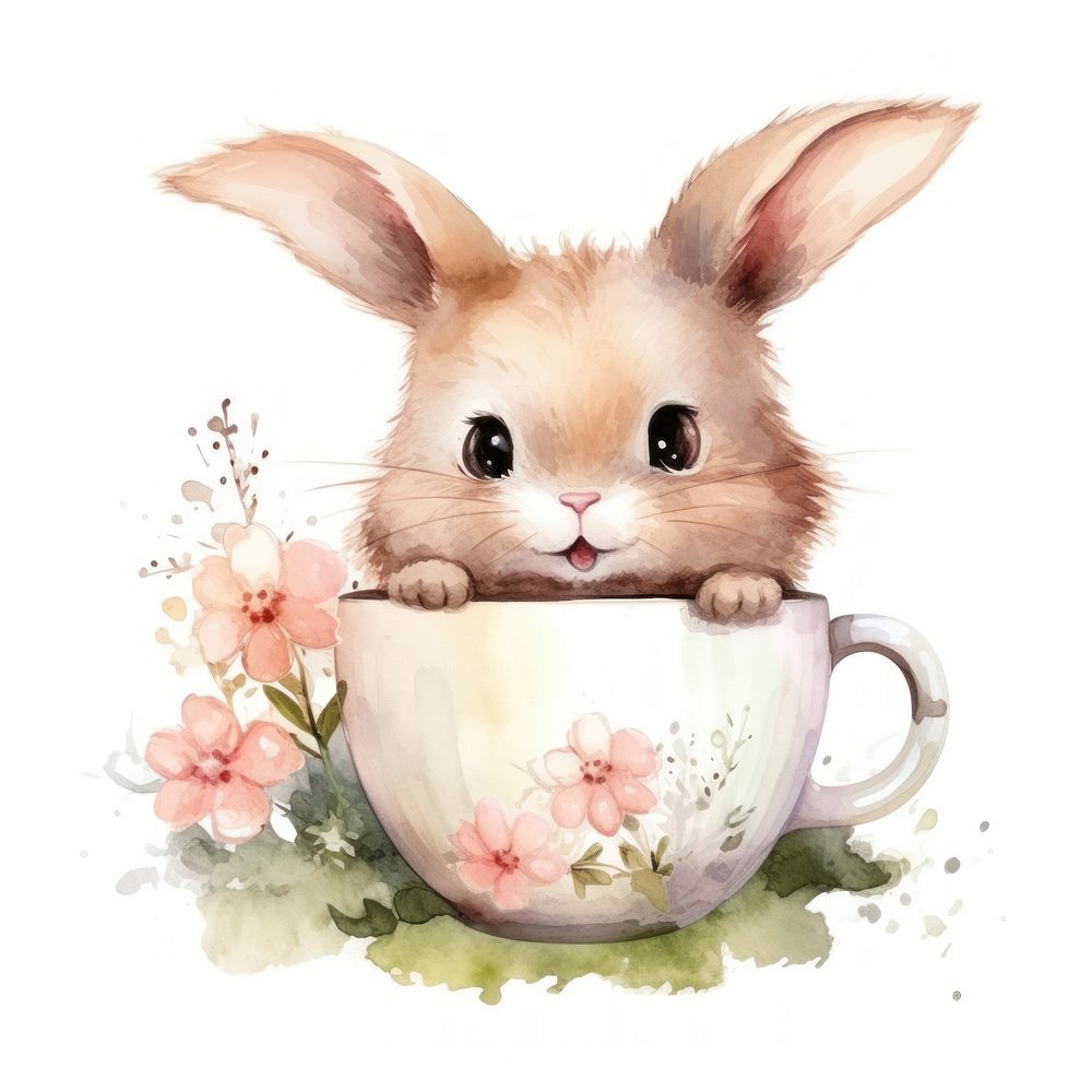 Watercolor rabbit pop teacup animal cartoon rodent.
