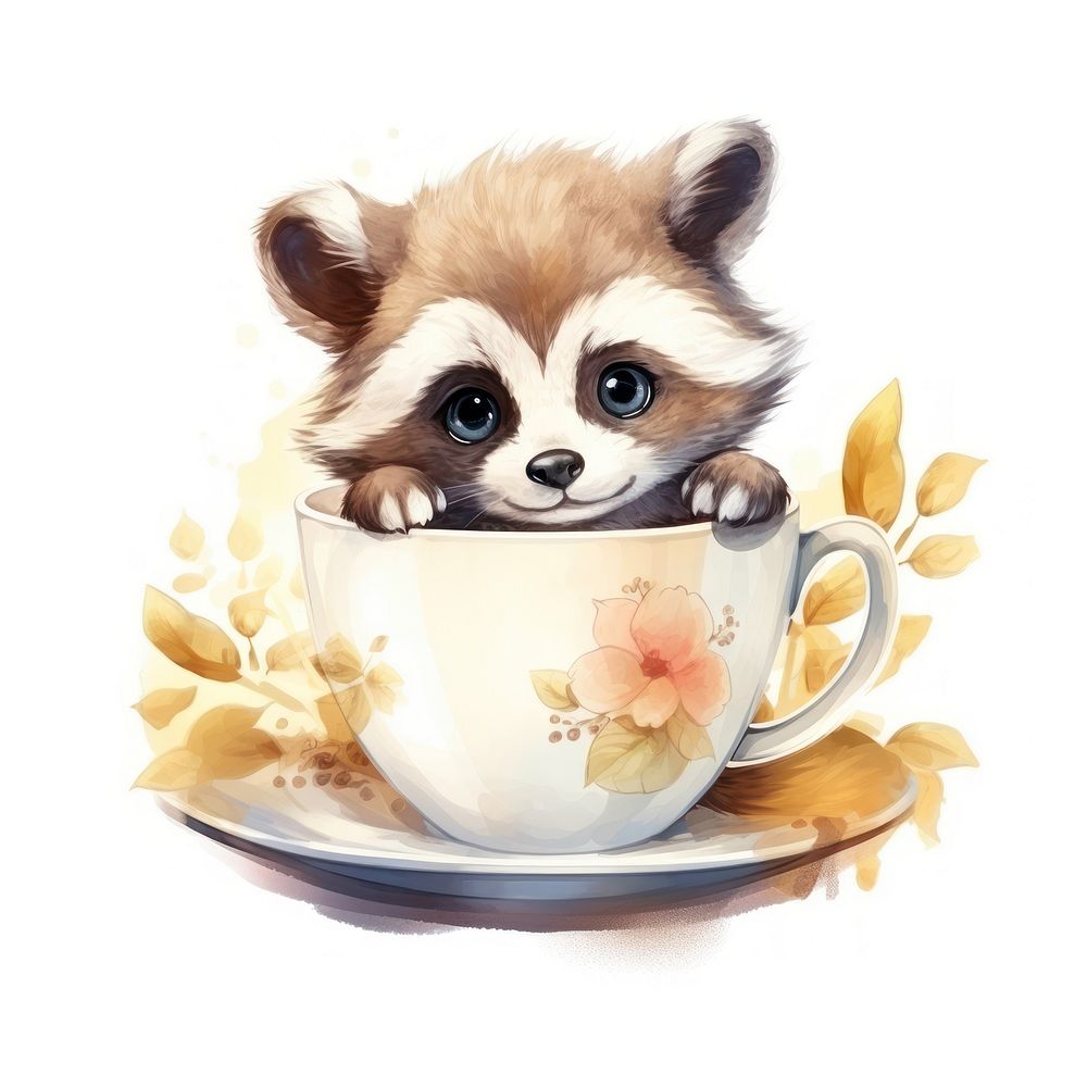 Watercolor raccoon pop teacup cartoon saucer mammal.