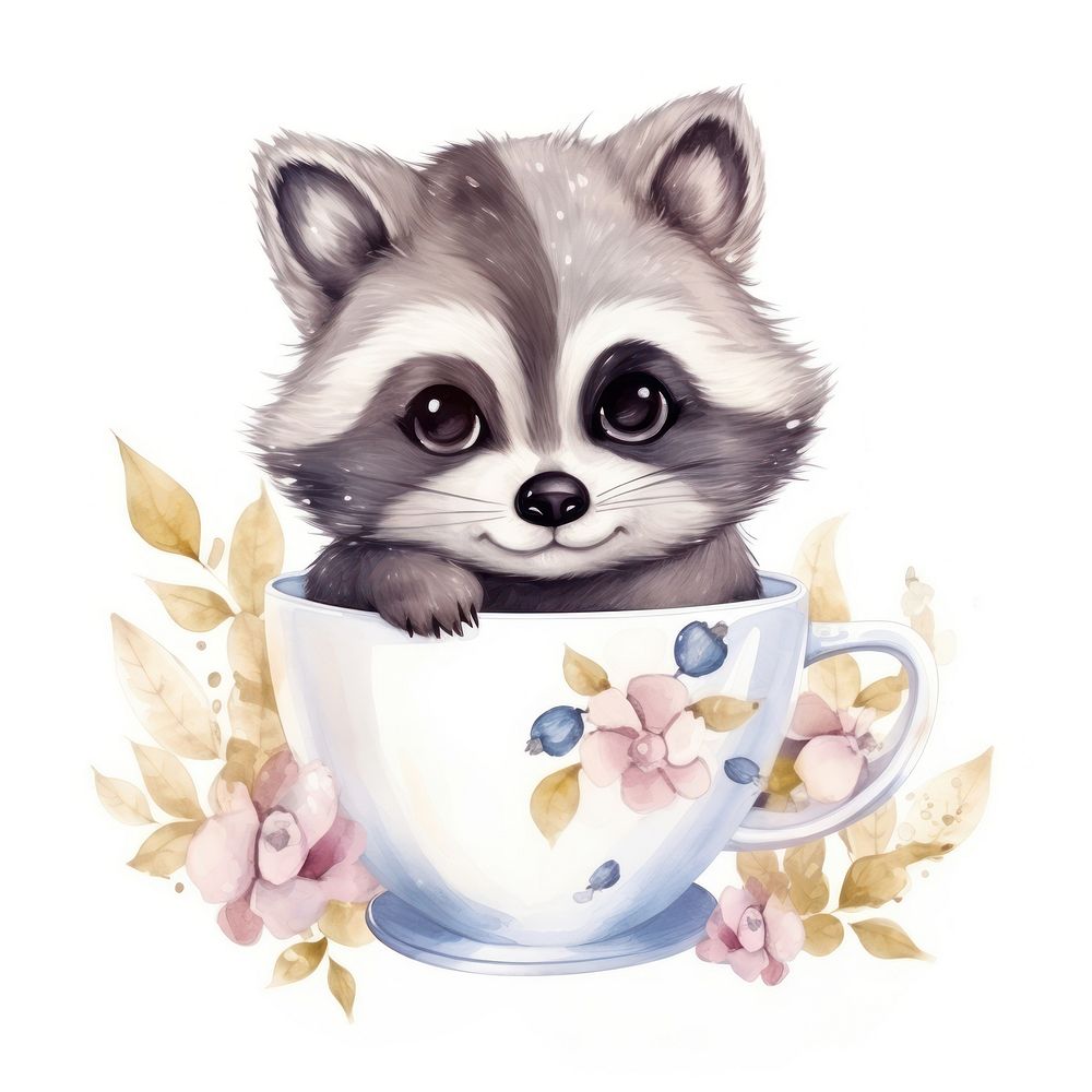 Watercolor raccoon pop teacup cartoon mammal animal.