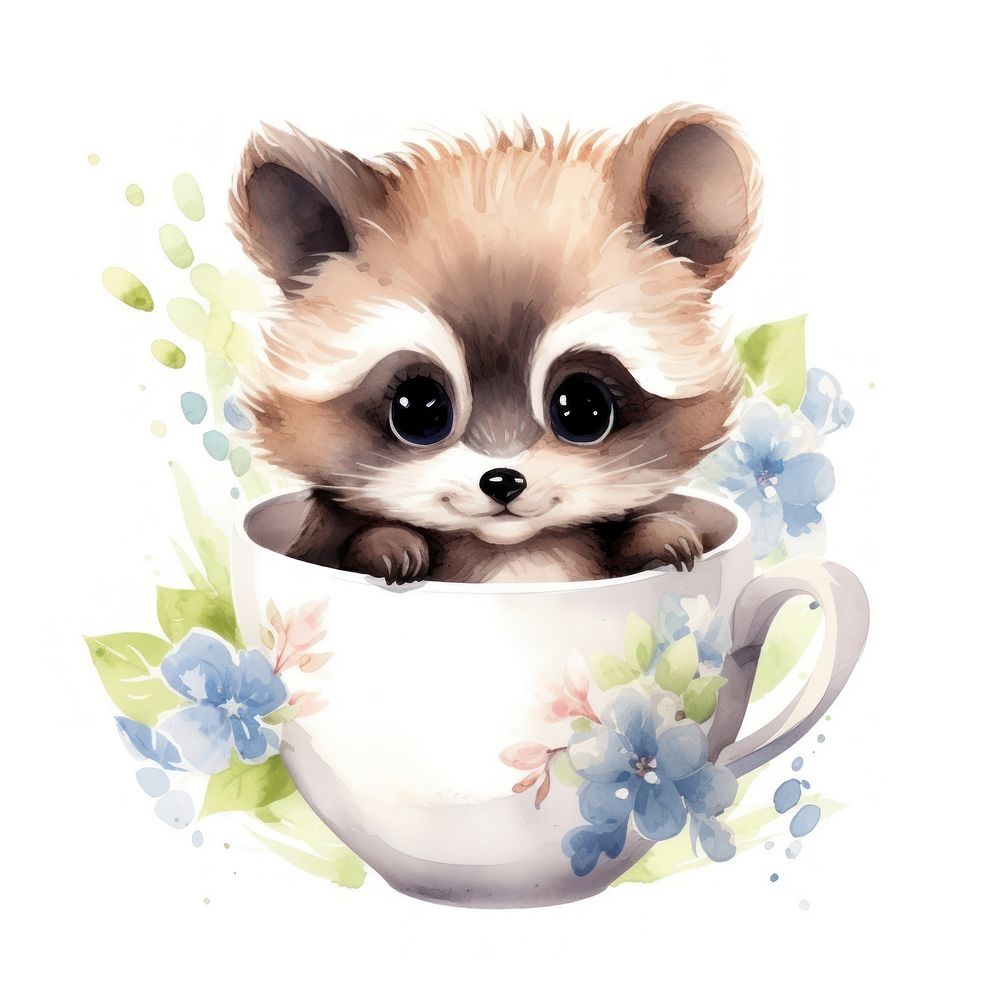 Watercolor raccoon pop teacup cartoon mammal coffee.