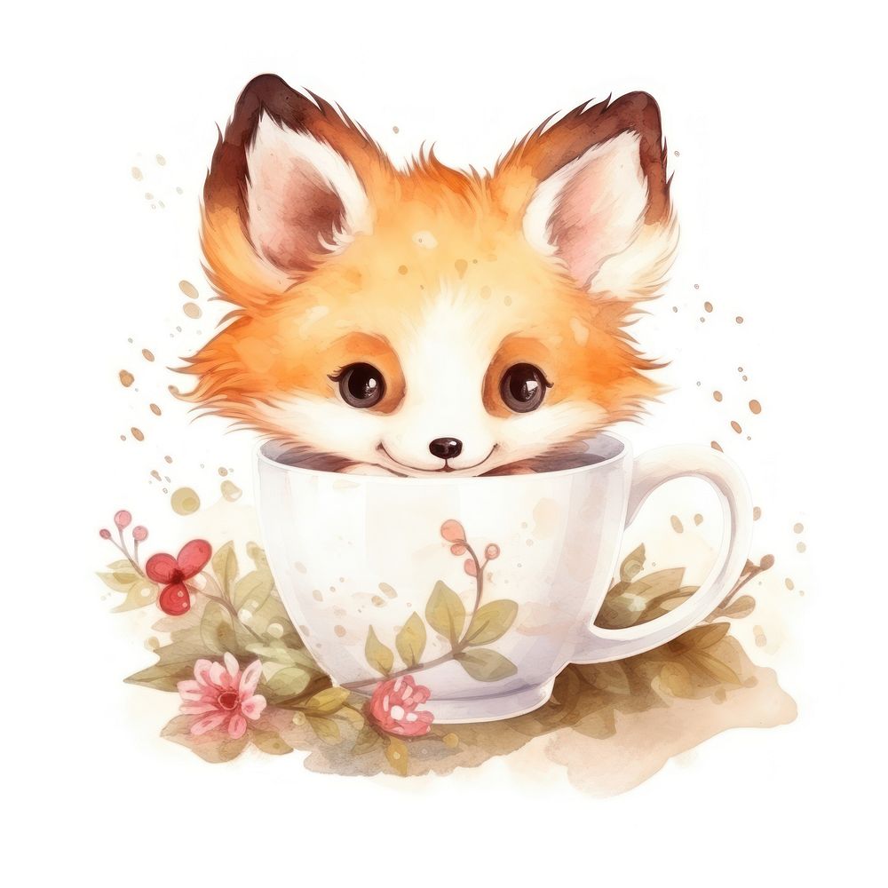 Watercolor red fox pop teacup animal cartoon mammal.