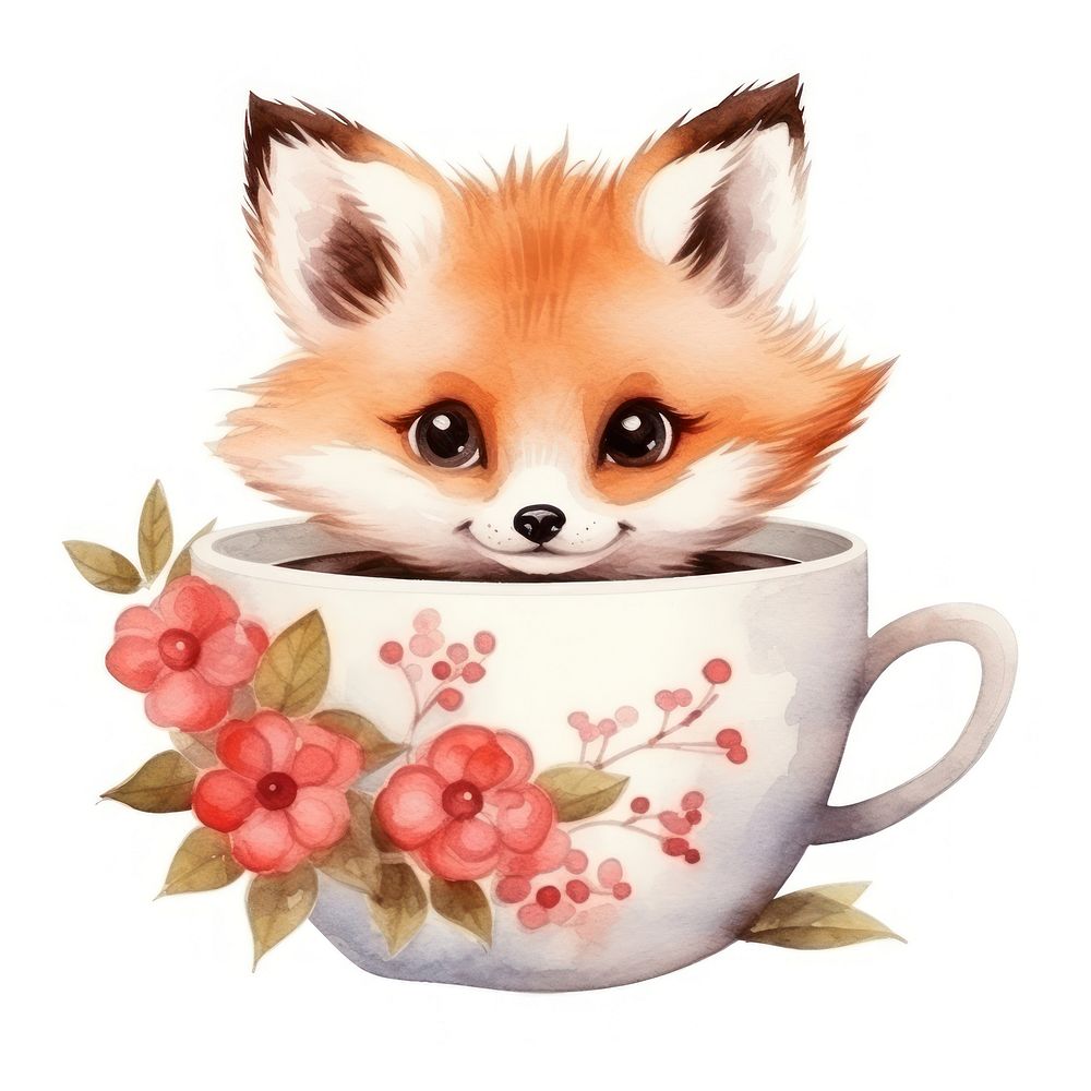 Watercolor red fox pop teacup cartoon mammal coffee.