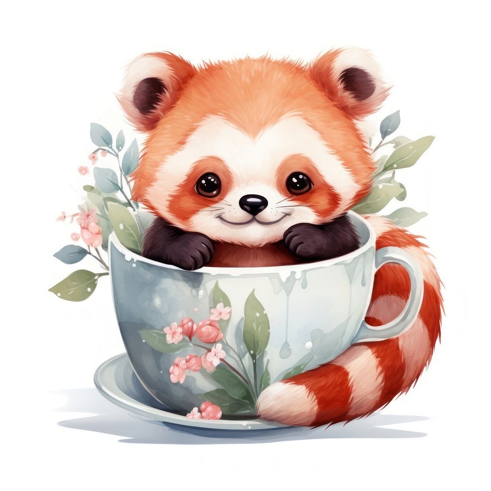 Watercolor red panda pop teacup cartoon mammal saucer.