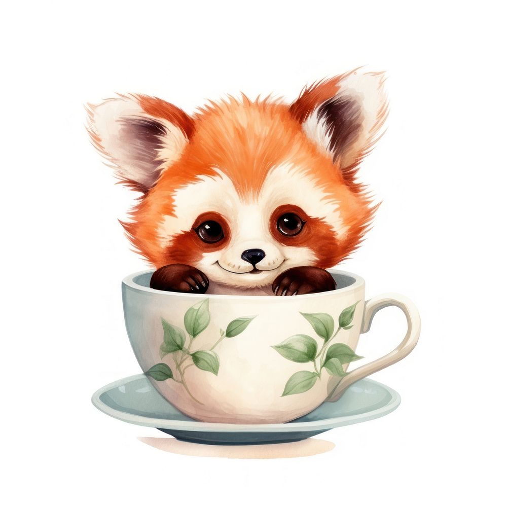 Watercolor red panda pop teacup cartoon saucer mammal.