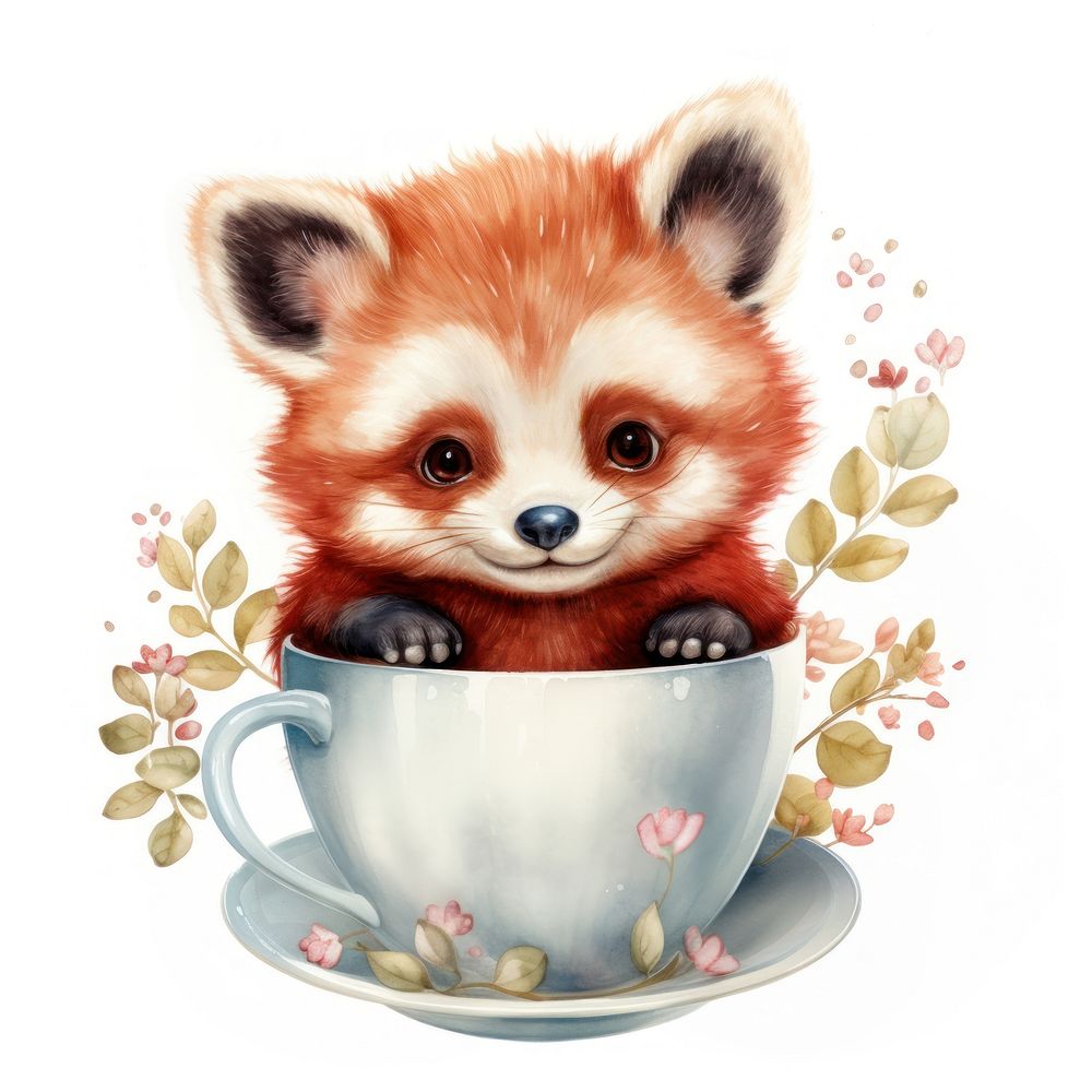 Watercolor red panda pop teacup cartoon mammal saucer.