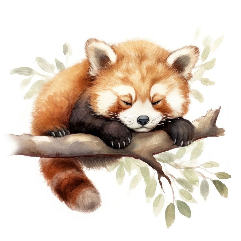 Watercolor red panda sleeping animal wildlife cartoon.