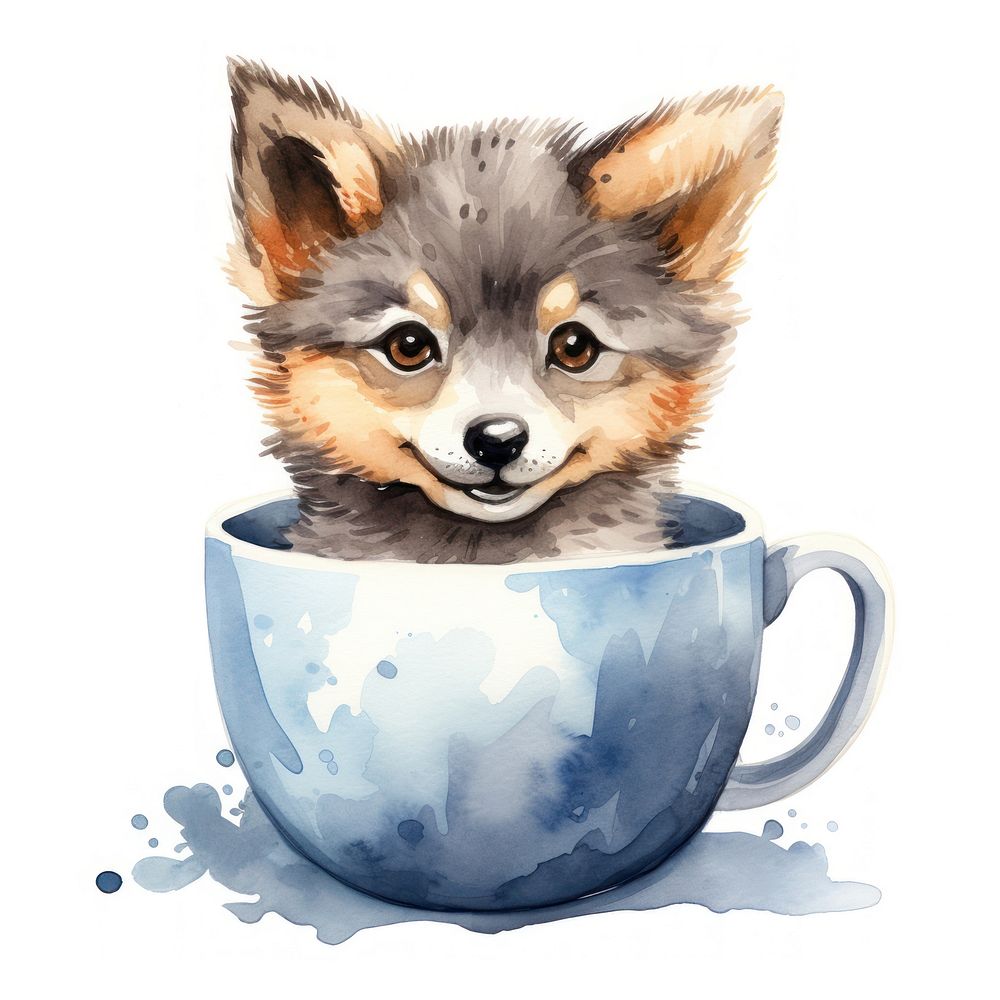Watercolor wolf pop teacup cartoon mammal coffee.