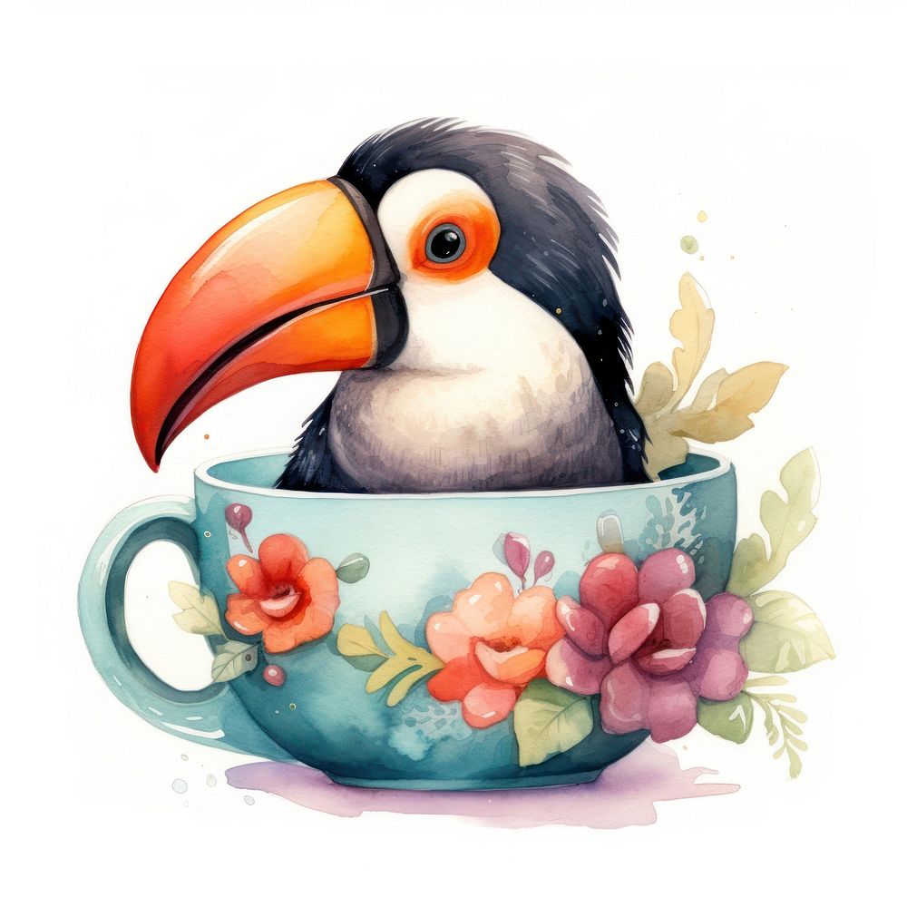 Watercolor toucan pop teacup animal cartoon bird.