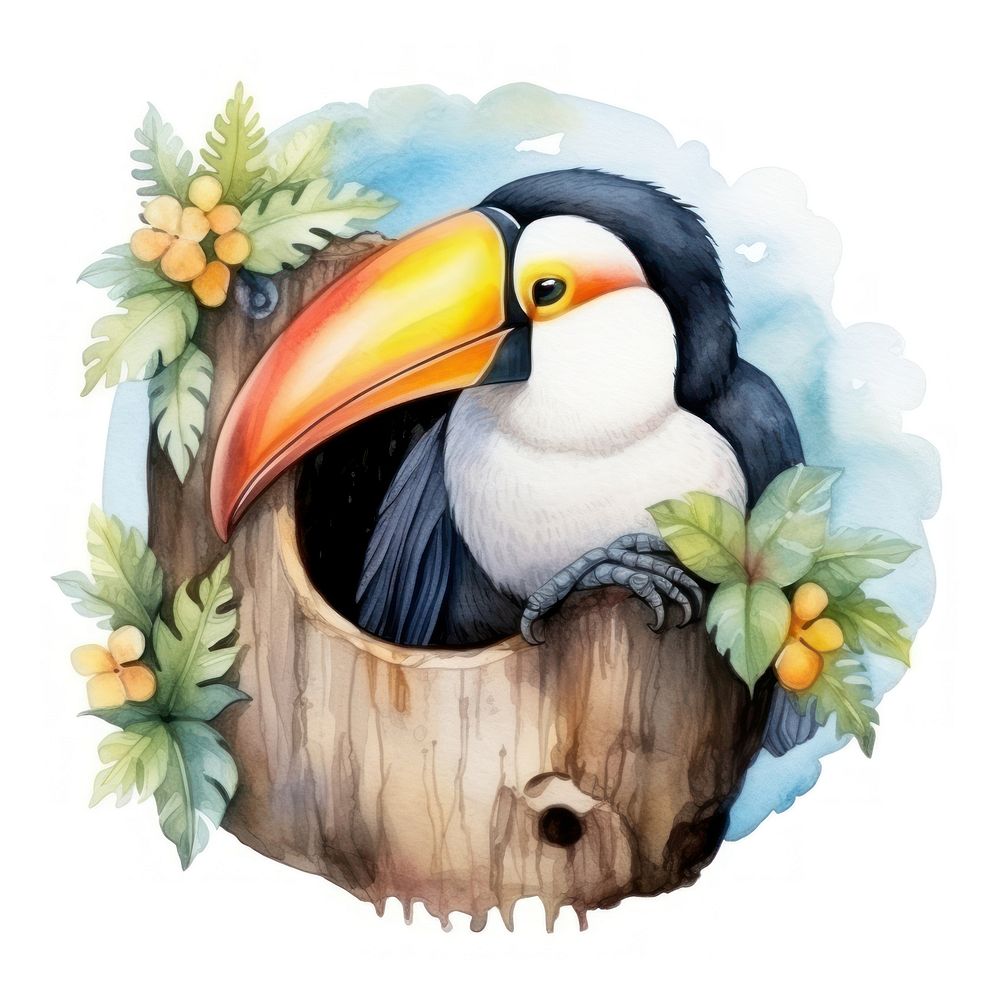 Watercolor toucan sleeping animal cartoon nature.