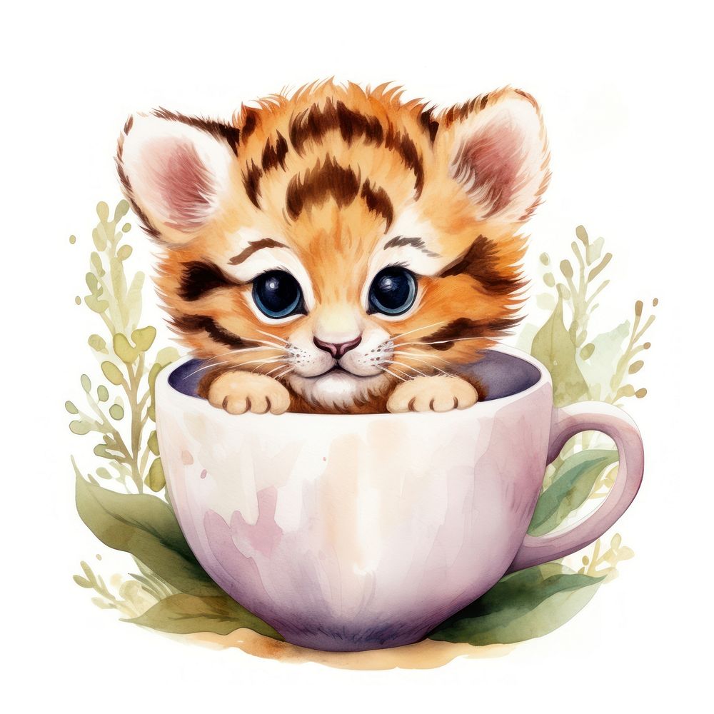 Watercolor tiger pop teacup cartoon mammal kitten.