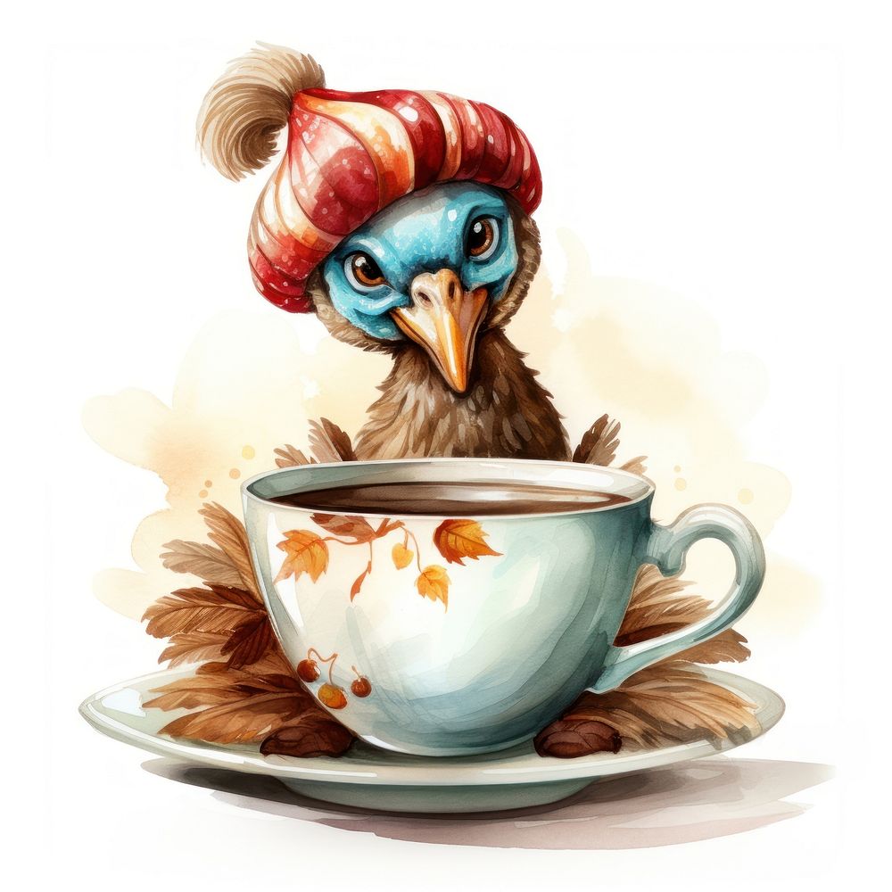 Watercolor turkey pop teacup cartoon saucer coffee.